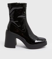 New Look Black Patent Chunky Block Heel Sock Boots